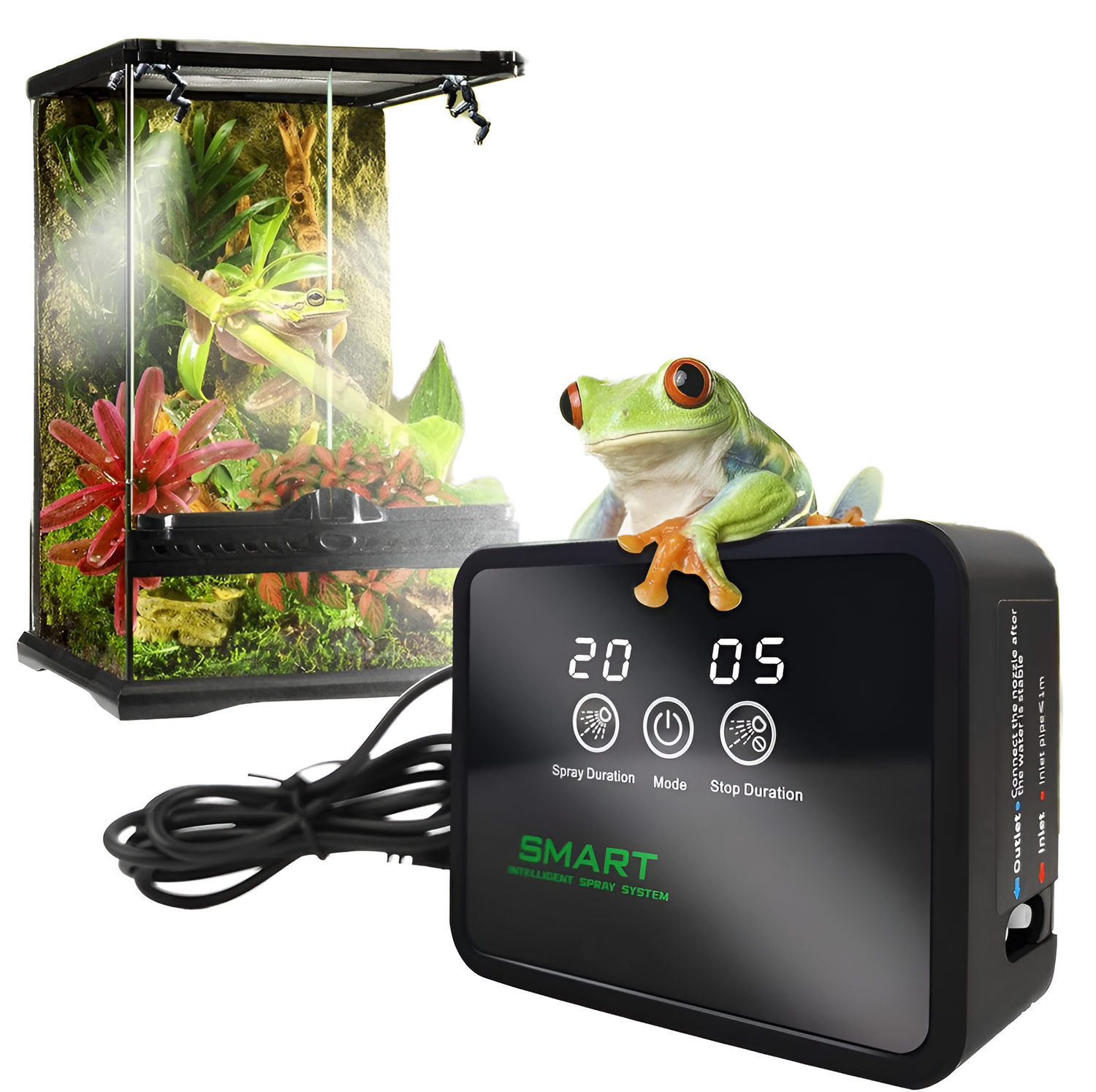 Automatic terrarium misting system and fogger maintaining proper humidity inside a tropical reptile enclosure.
