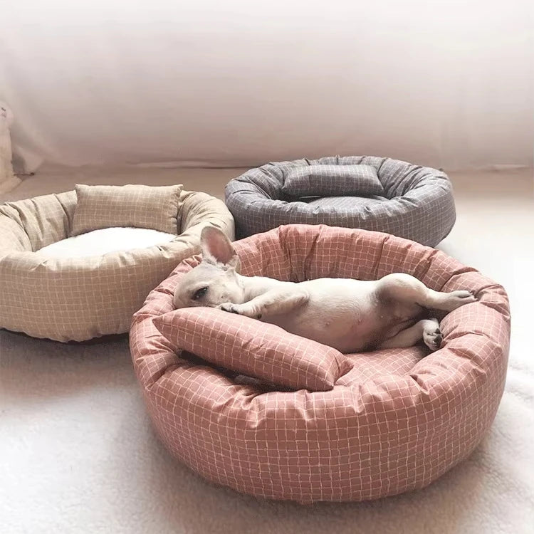 Hot Seller Four Seasons Gingham Breathable Cotton Pet Cat Summer Winter Donut Dog Bed With Pillow