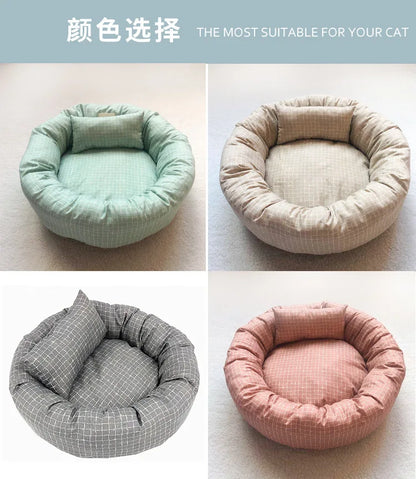 Hot Seller Four Seasons Gingham Breathable Cotton Pet Cat Summer Winter Donut Dog Bed With Pillow