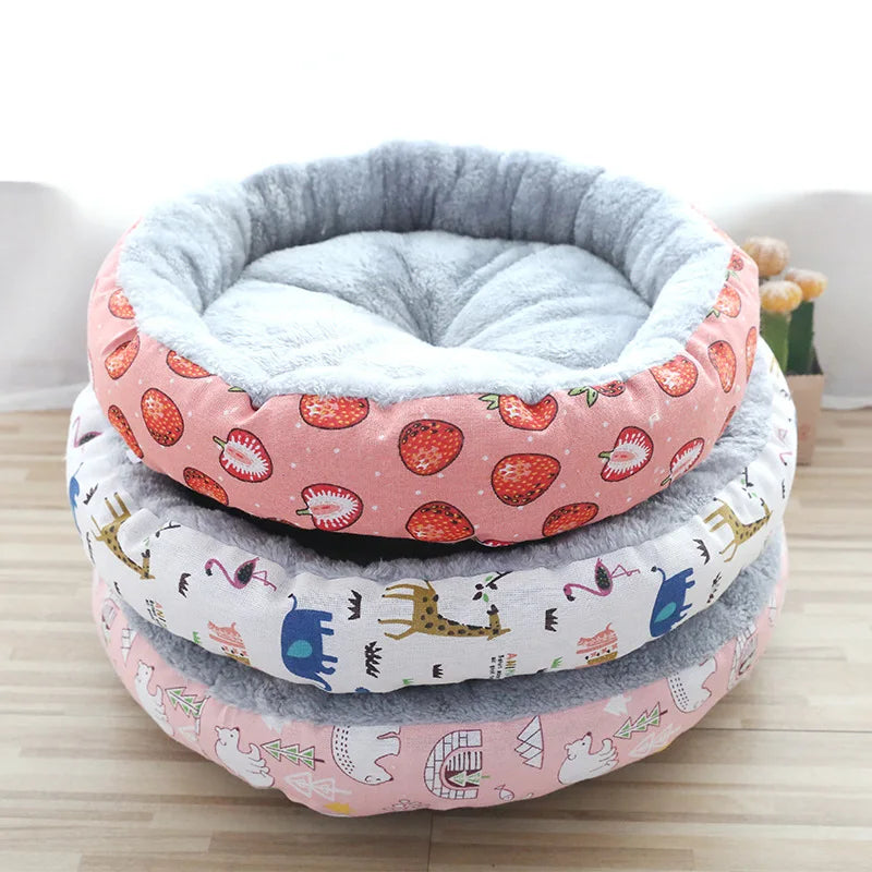 New Designer Waterproof Camping Travel Pet Bed Cute Cat Dog round Donut Solid Velvet with Cartoon Style Washable Affordable