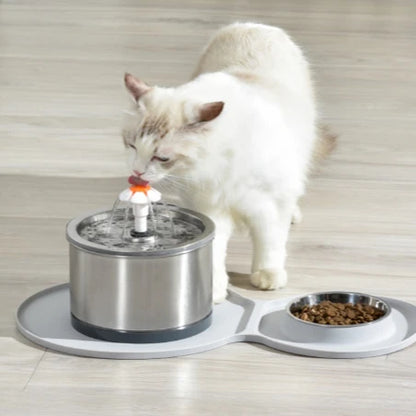 2.5L Eco-Friendly Stainless Steel Cat Water Fountain SUS 304 Pet Dispenser Waterproof Mat Metal Bowl Feeder Charge-Powered Solid