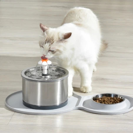 2.5L Eco-Friendly Stainless Steel Cat Water Fountain SUS 304 Pet Dispenser Waterproof Mat Metal Bowl Feeder Charge-Powered Solid