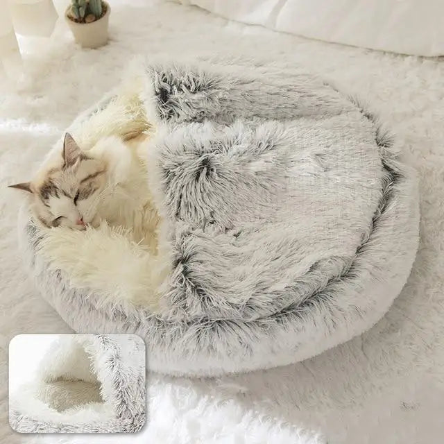 2025 Removable Washable Small Medium Large Donut 2-in-1 Cat Bed House Round Capsule Plush Faux Fur Pet Cave for Dogs and Cats