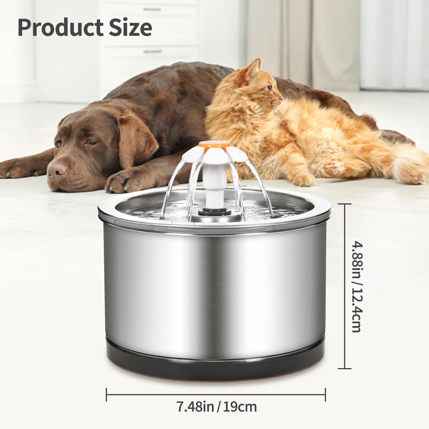 2.5L Eco-Friendly Stainless Steel Cat Water Fountain SUS 304 Pet Dispenser Waterproof Mat Metal Bowl Feeder Charge-Powered Solid