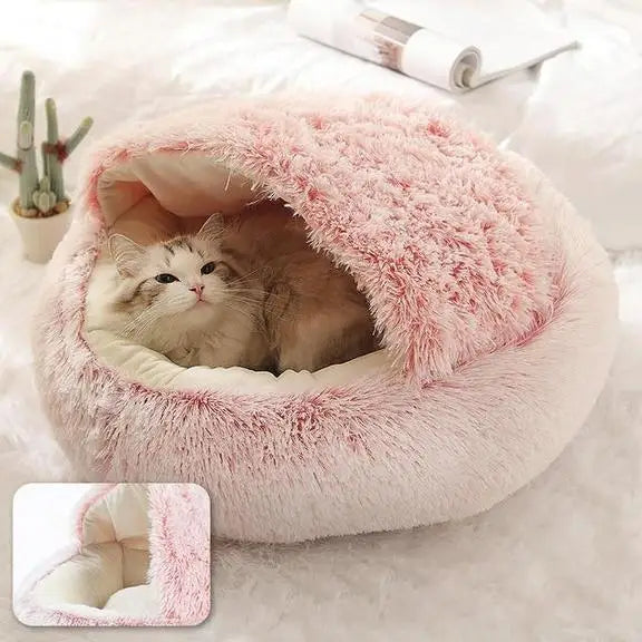 2025 Removable Washable Small Medium Large Donut 2-in-1 Cat Bed House Round Capsule Plush Faux Fur Pet Cave for Dogs and Cats