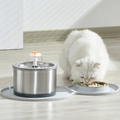 2.5L Eco-Friendly Stainless Steel Cat Water Fountain SUS 304 Pet Dispenser Waterproof Mat Metal Bowl Feeder Charge-Powered Solid