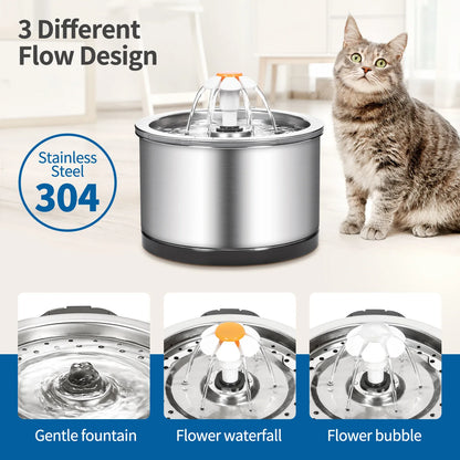 2.5L Eco-Friendly Stainless Steel Cat Water Fountain SUS 304 Pet Dispenser Waterproof Mat Metal Bowl Feeder Charge-Powered Solid
