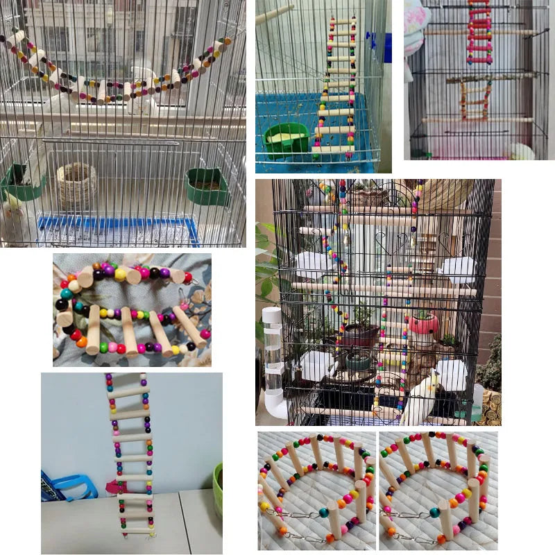 Wooden Parrot Climbing Ladder with Beads – Bird Cage Toy for Parrots, Cockatiels, Parakeets, Budgies, and Lovebirds