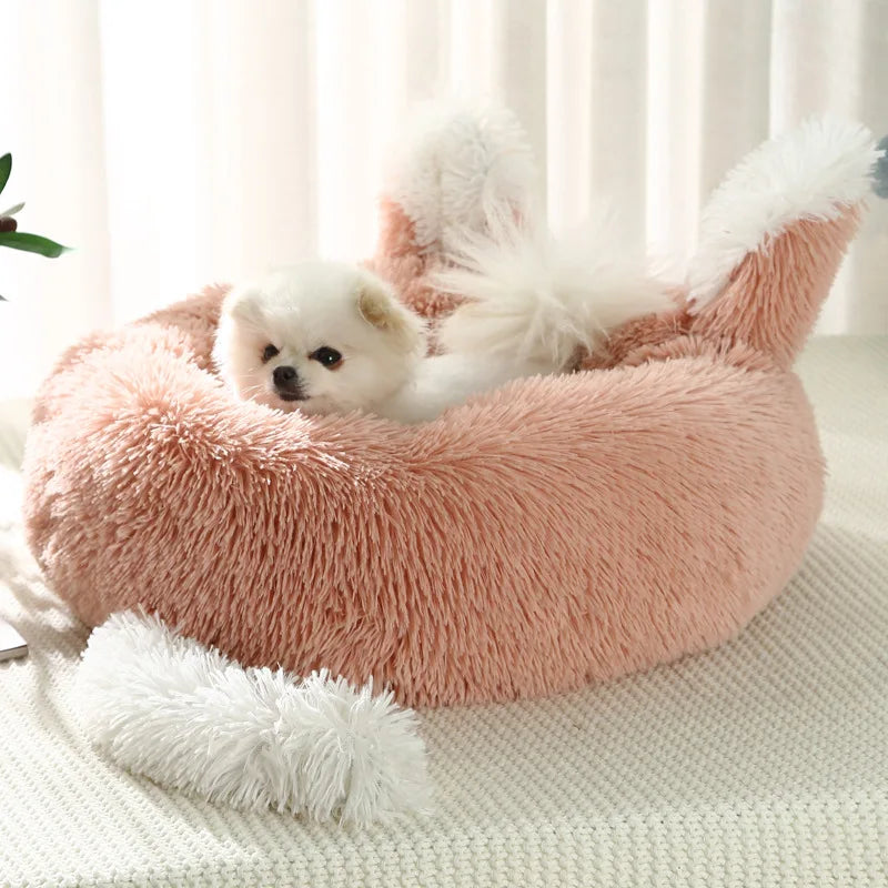 2022 Dropship Faux Fur Luxury Pet Beds High Quality Moisture-Proof Calming Funny Plush Sponge Washable Novelty Donut Dog Cat Bed