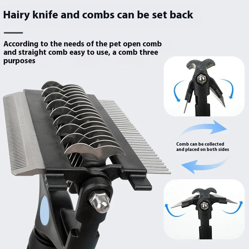 3-in-1 Multifunctional Open Knot Cat Dog Hair TPR Handle Stainless Steel Comb Foldable Knife Remove Floating Hair Pet Comb
