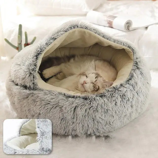 2025 Removable Washable Small Medium Large Donut 2-in-1 Cat Bed House Round Capsule Plush Faux Fur Pet Cave for Dogs and Cats